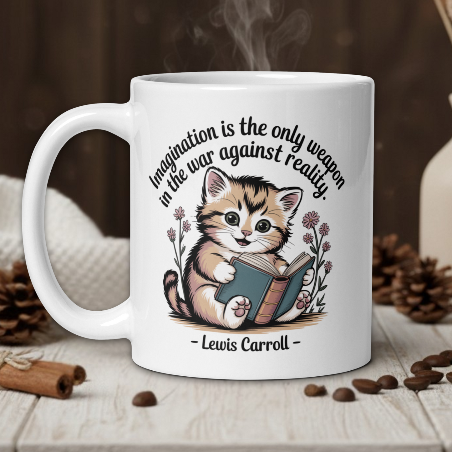 White mug with a cat illustration and text on a wooden table with coffee beans and a vase in the background.
