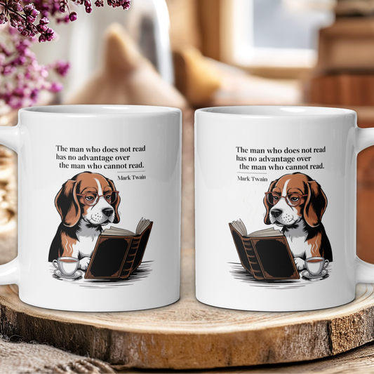 Two white mugs with a dog reading a book design and Mark Twain quote on a wooden surface.