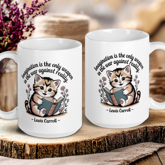 Two white mugs with cat illustrations and Lewis Carroll quotes on a wooden surface.