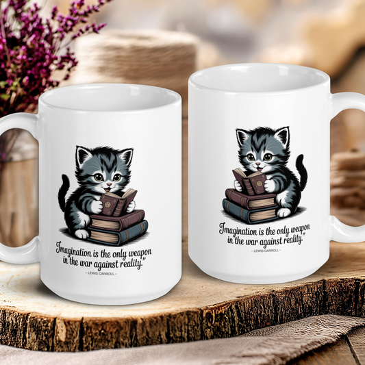 Two white mugs with cat illustrations and text on a wooden surface.