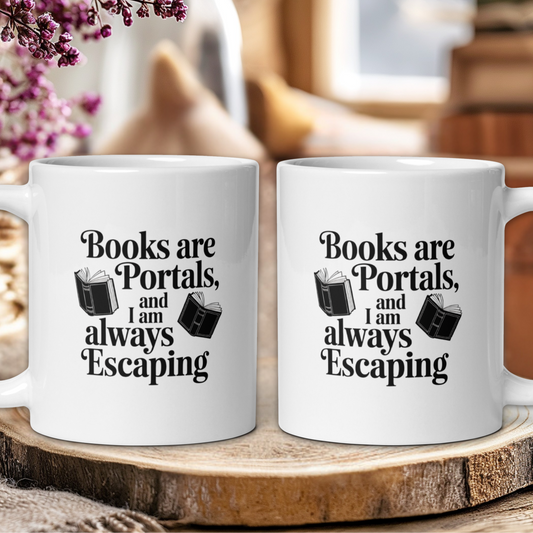 Two white mugs with a book-themed quote on a wooden surface.
