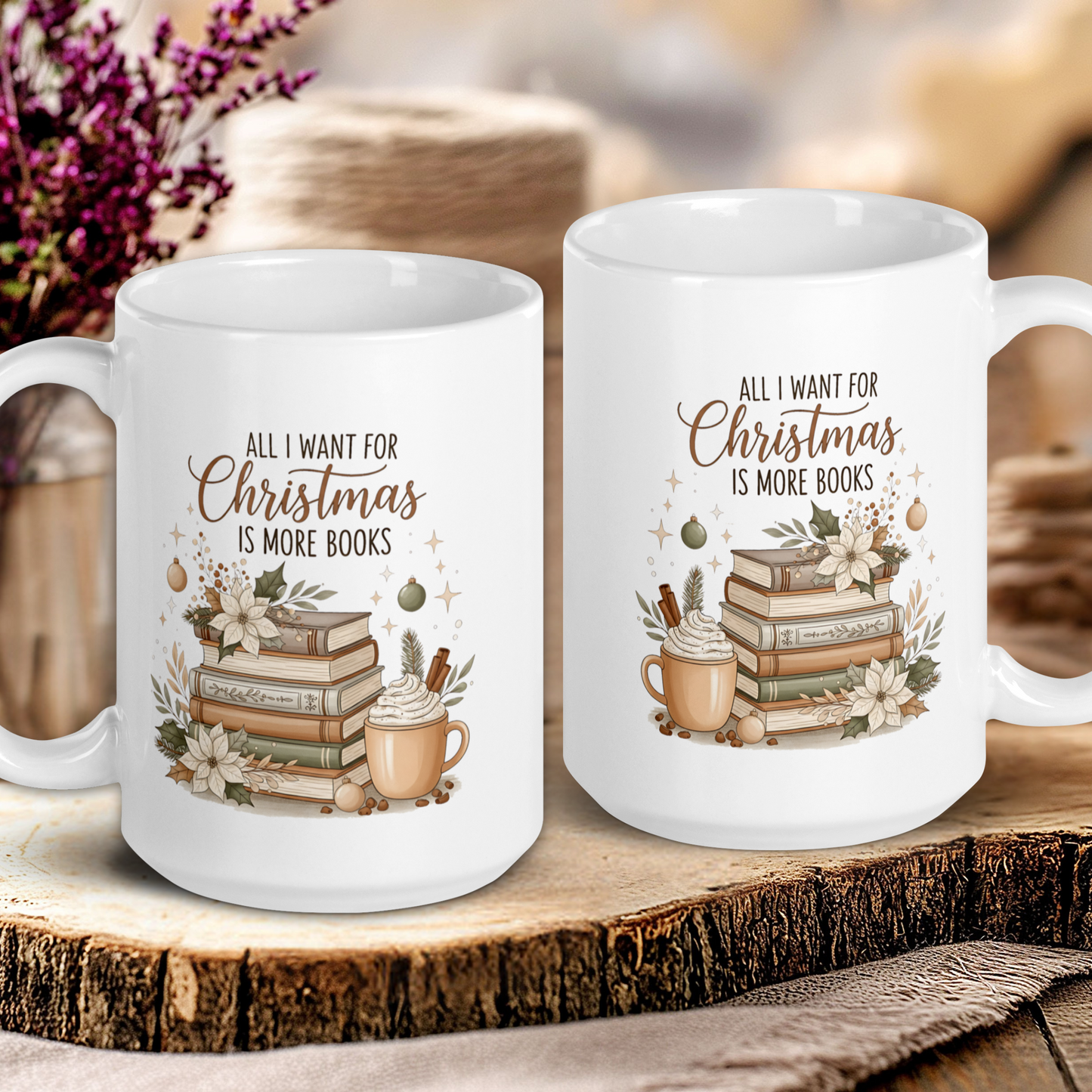 Two white mugs with book-themed designs and text on a wooden surface.