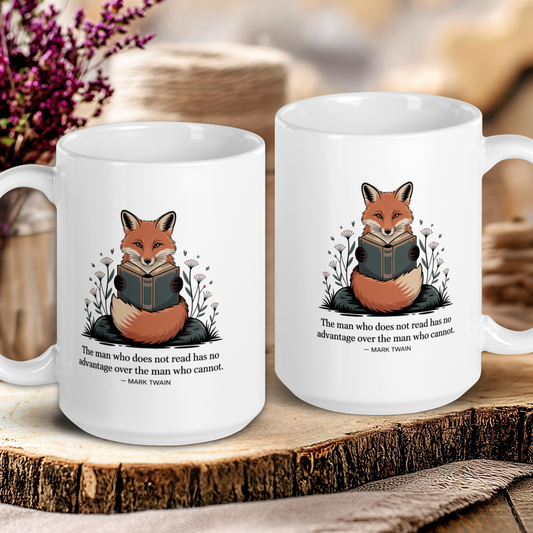 Two white mugs with fox illustrations and quotes on a wooden surface.