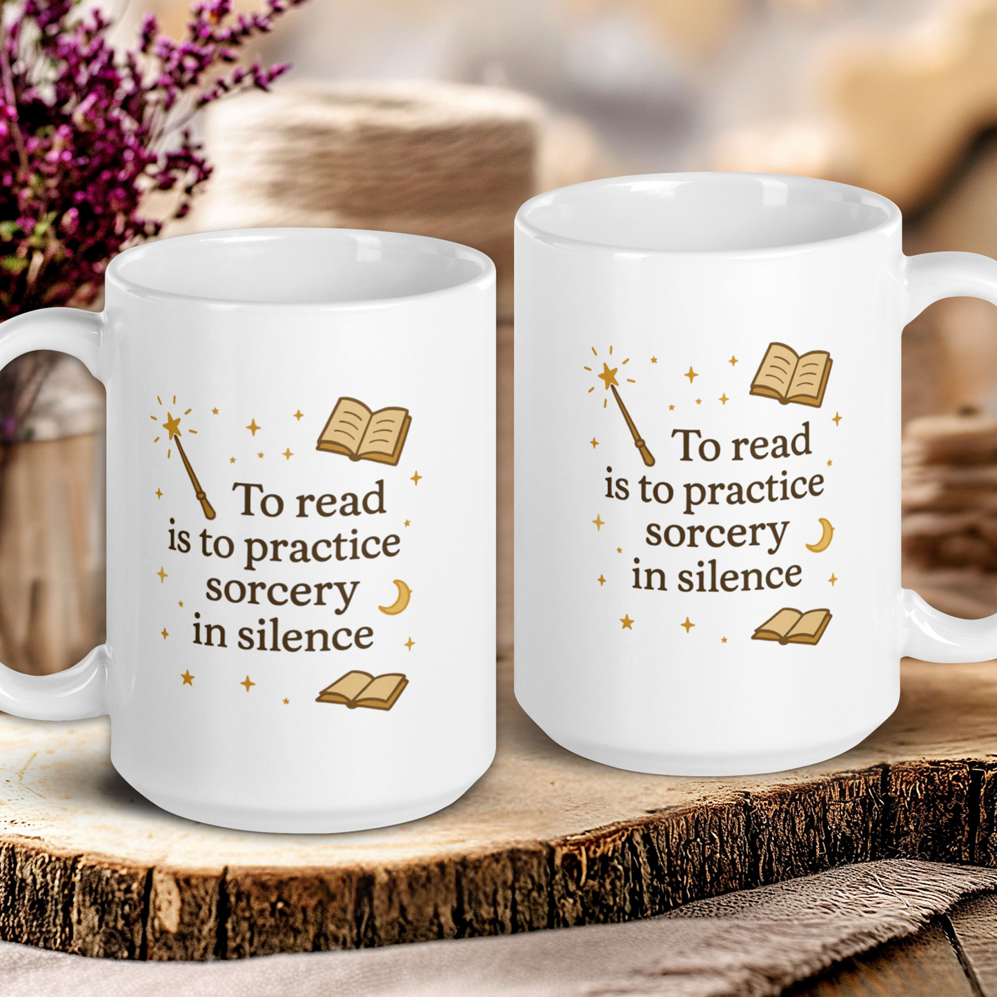 Two white mugs with literary quotes on a wooden surface with a blurred background