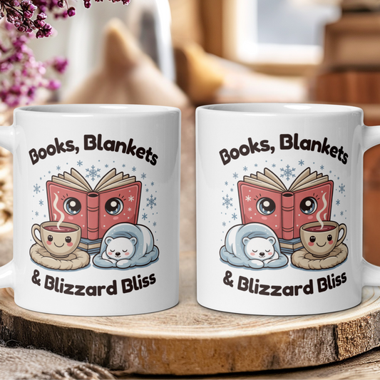 Two mugs with cartoon design featuring books, blankets, and a bear, on a wooden surface.