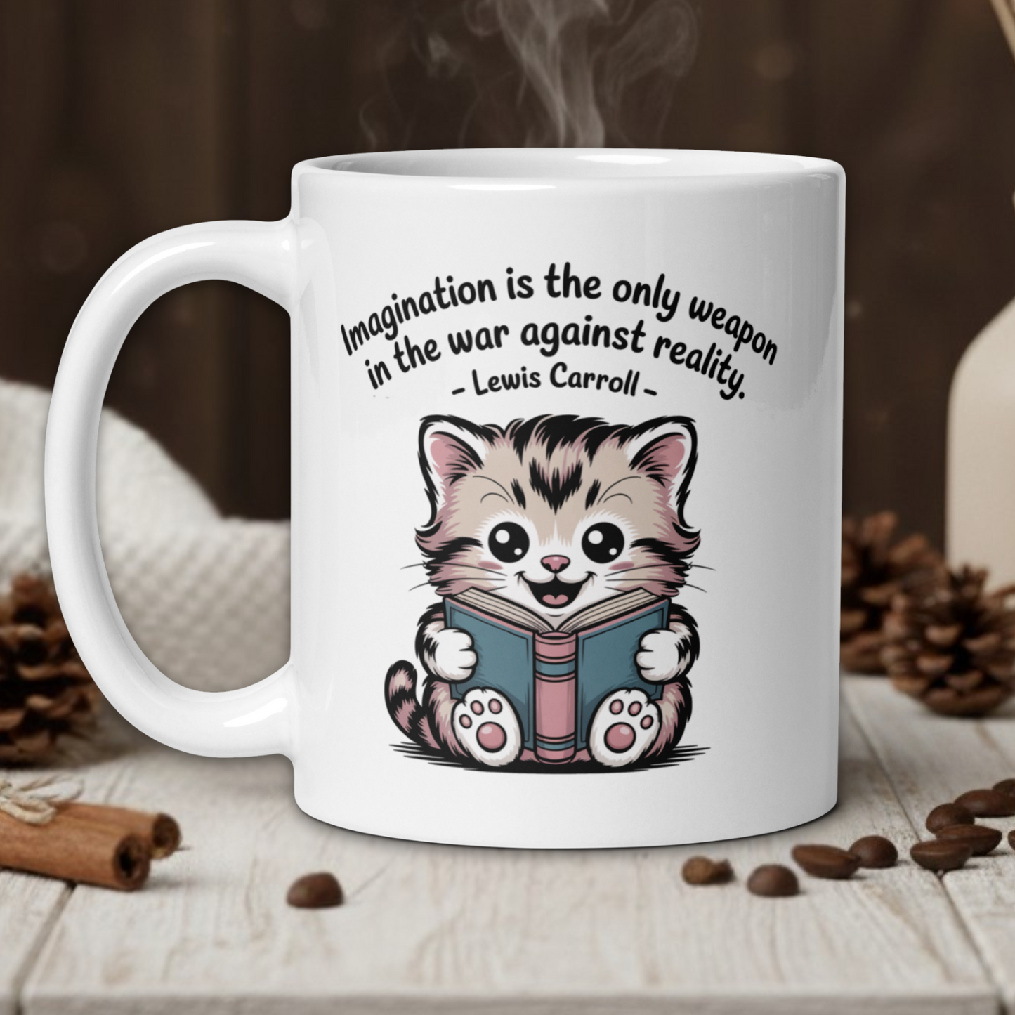White mug with a cat illustration and quote on a wooden table with coffee beans and a vase in the background.