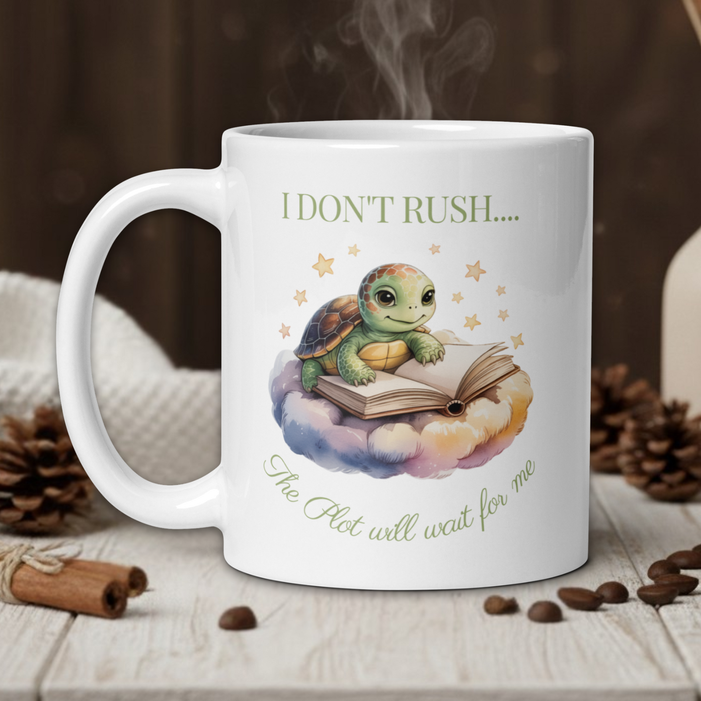 White mug with a turtle illustration and text on a wooden table with coffee beans and a vase.