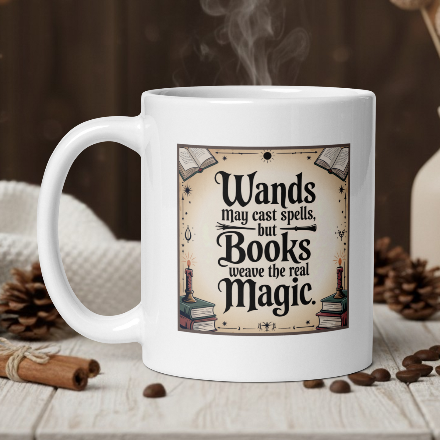 White mug with a decorative quote on a wooden table with coffee beans and a vase in the background