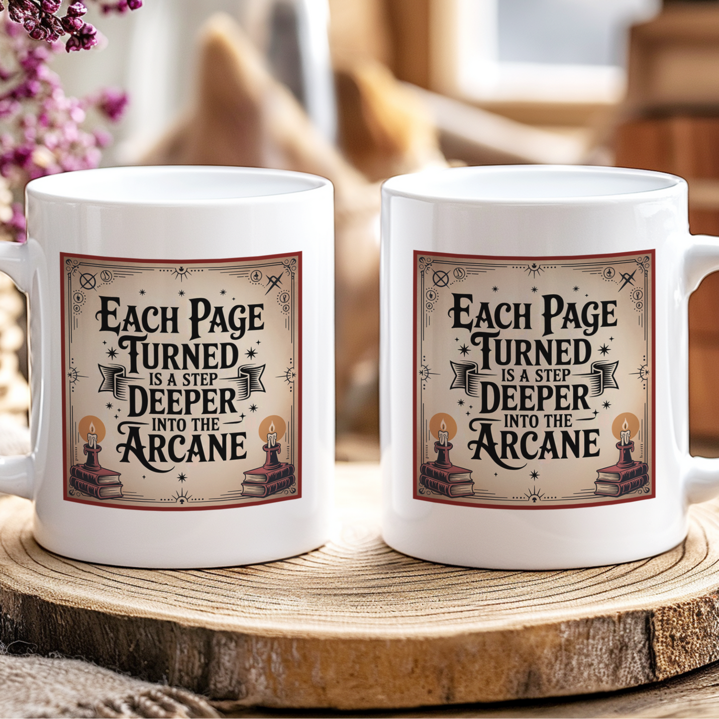 Two white mugs with a mystical design and text on a wooden surface.