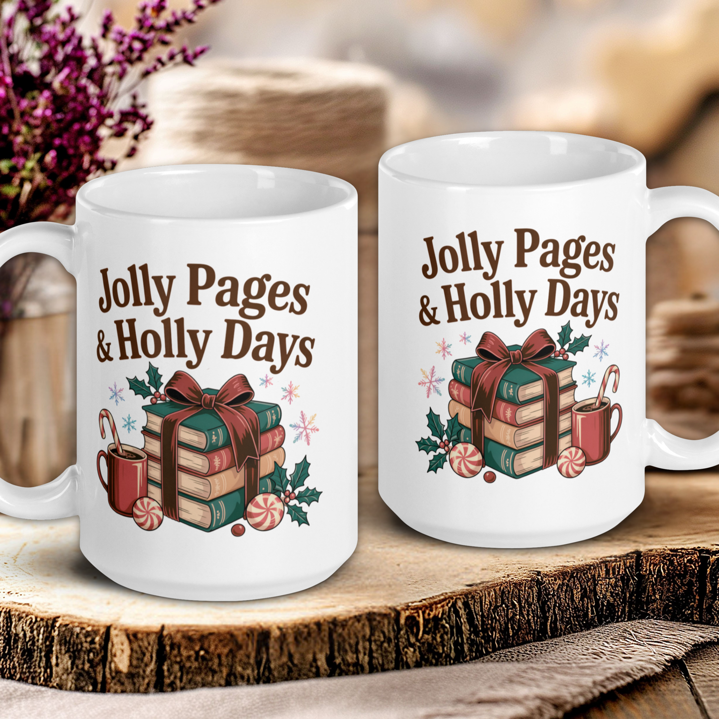 Two white mugs with Christmas-themed designs and text on a wooden surface.