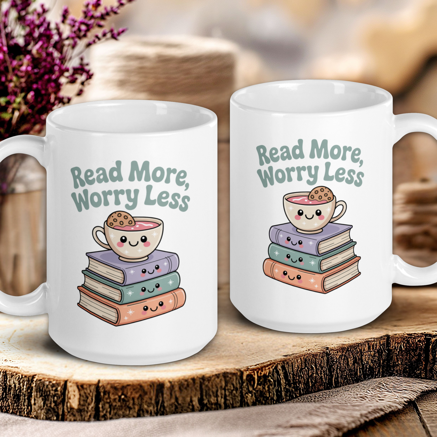 Two white mugs with 'Read More, Worry Less' text and book-themed design on a wooden surface.