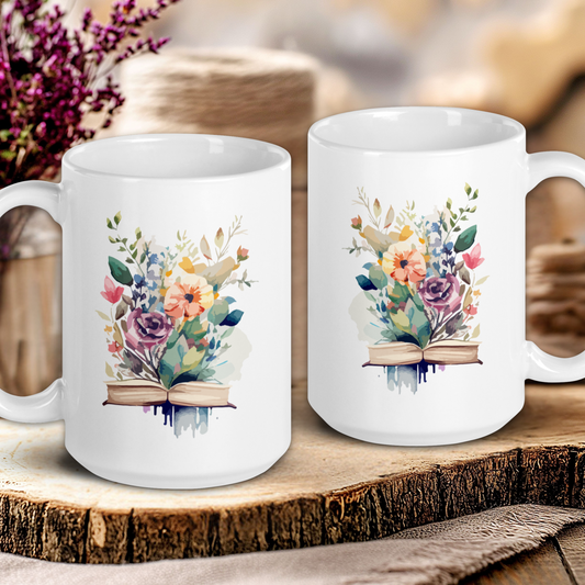 Two white mugs with floral designs on a wooden surface