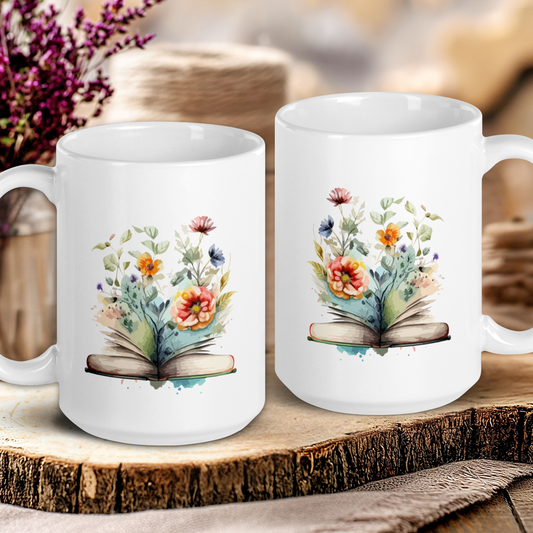 Two white mugs with floral designs on a wooden surface