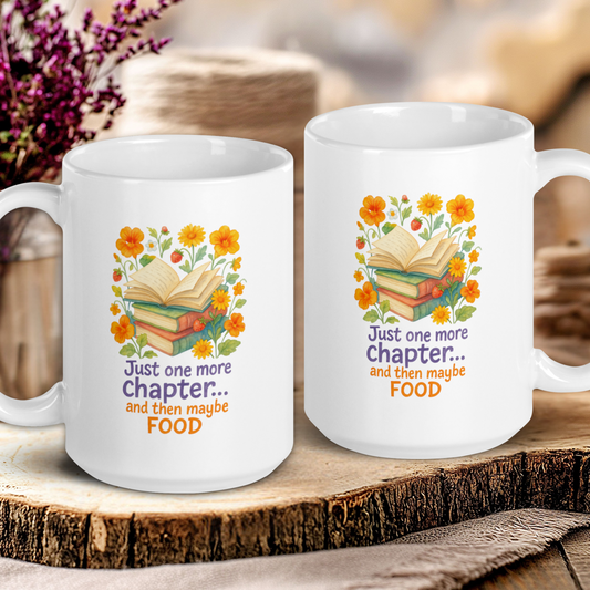 Two white mugs with book-themed designs on a wooden surface.