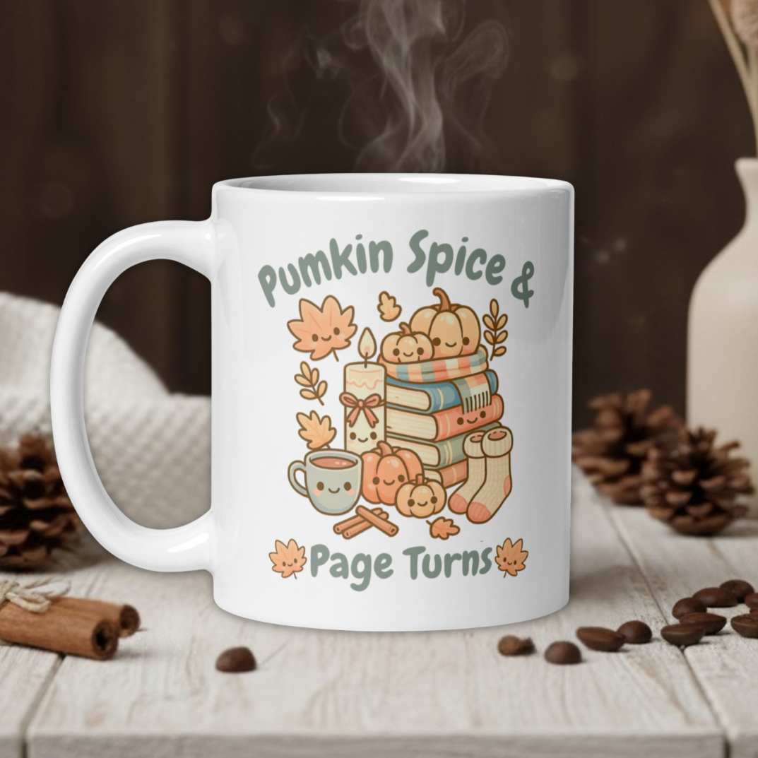 "Pumpkin Spice & Page Turns" Kawaii mug