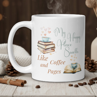my happy place smells like coffee and pages personalized mug