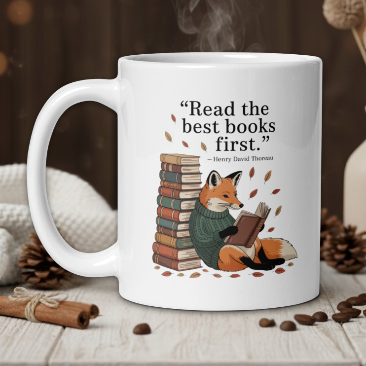 White mug with fox reading a book design and text 'Read the best books first.' on a wooden table with coffee beans and a vase in the background.