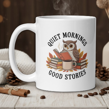 White mug with owl design and 'Quiet Mornings, Good Stories' text on a wooden table with coffee beans and a vase.