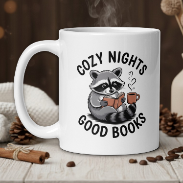White mug with a raccoon design and text 'Cozy Nights Good Books' on a wooden table with a warm background.