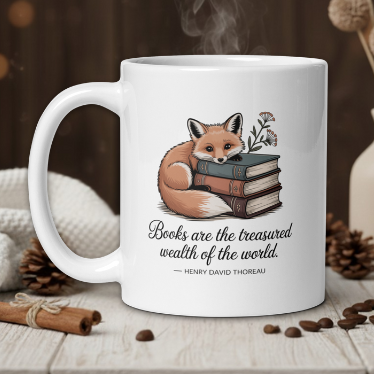 White mug with fox and books design, steaming on a wooden table with decorative items.