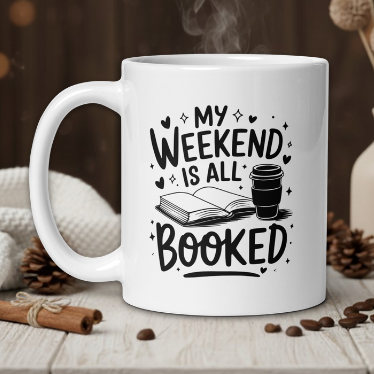 White mug with 'My weekend is all booked' text on a wooden table with coffee beans and a vase.