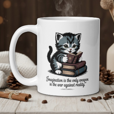 White mug with a cat illustration and quote on a wooden table with a warm background