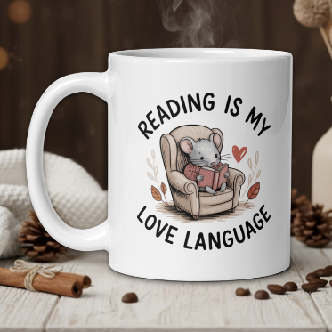 White mug with a mouse illustration and text 'Reading is my love language' on a wooden table with coffee beans and a vase.
