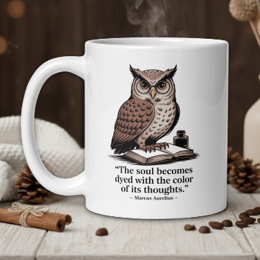 White mug with owl design and quote on a wooden table with coffee beans and a vase in the background.