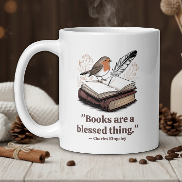 White mug with a design of a bird on a book and the quote 'Books are a blessed thing' by Charles Kingsley, placed on a wooden table with coffee beans and a vase in the background.