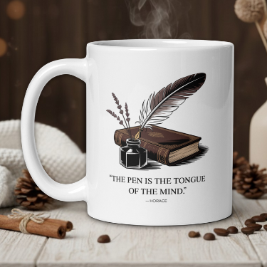 White mug with literary design featuring a book, feather, and inkwell on a wooden table with coffee beans and a vase.