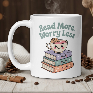 "Read more, worry less" Kawaii Mug