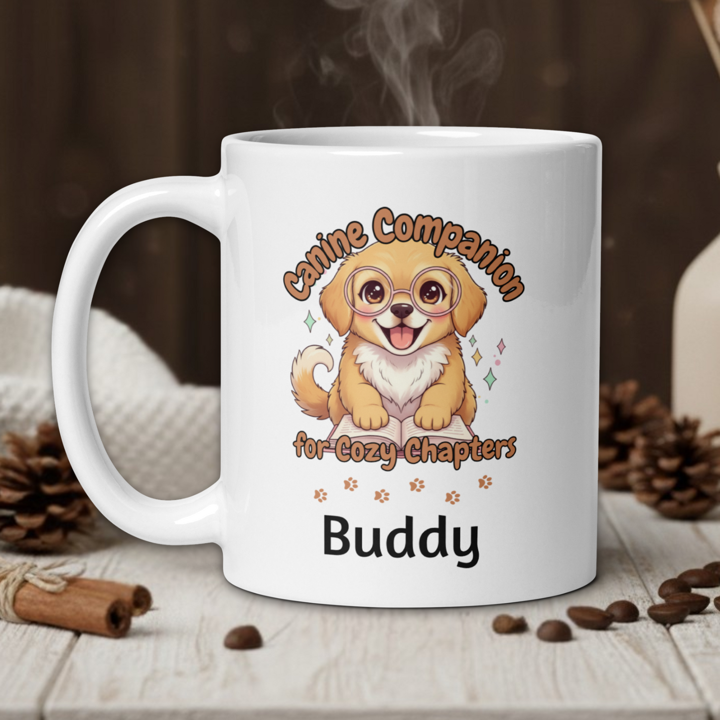 White mug with a cartoon dog design and text on a wooden table with coffee beans and a vase in the background.