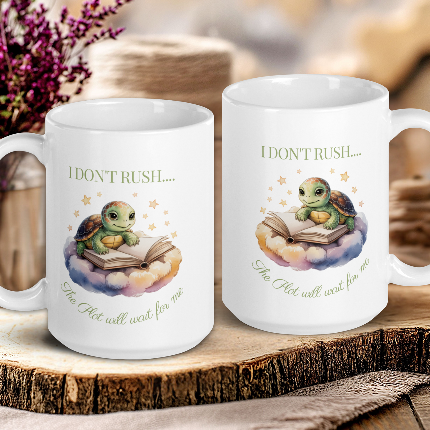 Two white mugs with turtle illustrations and text on a wooden surface.