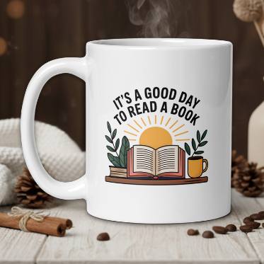 White mug with book-themed design and text 'It's a good day to read a book' on a wooden table with coffee beans and a vase.