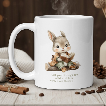 White mug with a rabbit illustration and quote on a wooden table with a warm background