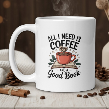 White mug with 'All I Need is Coffee and a Good Book' text on a wooden table with coffee beans and a vase in the background.