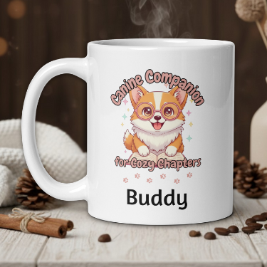 White mug with a dog illustration and text on a wooden table with a warm background