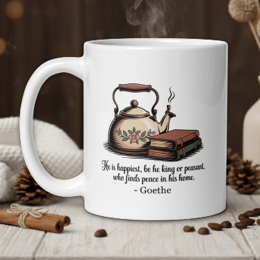 White mug with teapot illustration and quote, placed on a wooden surface with decorative items.