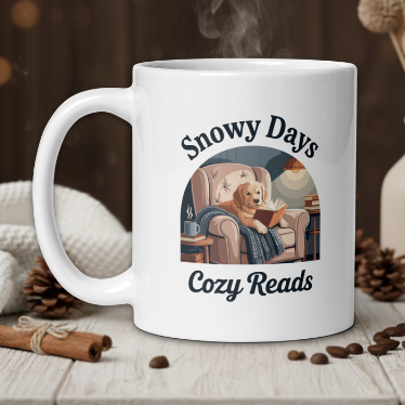 White mug with 'Snowy Days Cozy Reads' design featuring a dog reading a book, surrounded by cozy elements like a blanket and a vase.
