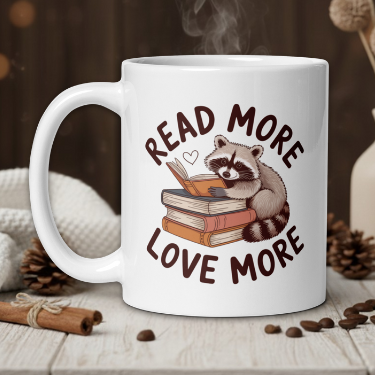 White mug with a raccoon reading a book design, text 'Read More Love More', steam rising, on a wooden table.