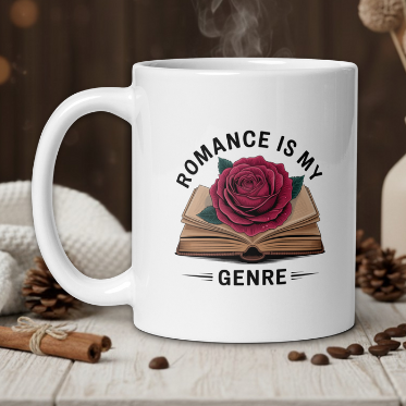 White mug with 'Romance is my Genre' design featuring a rose and book, steaming on a wooden table.