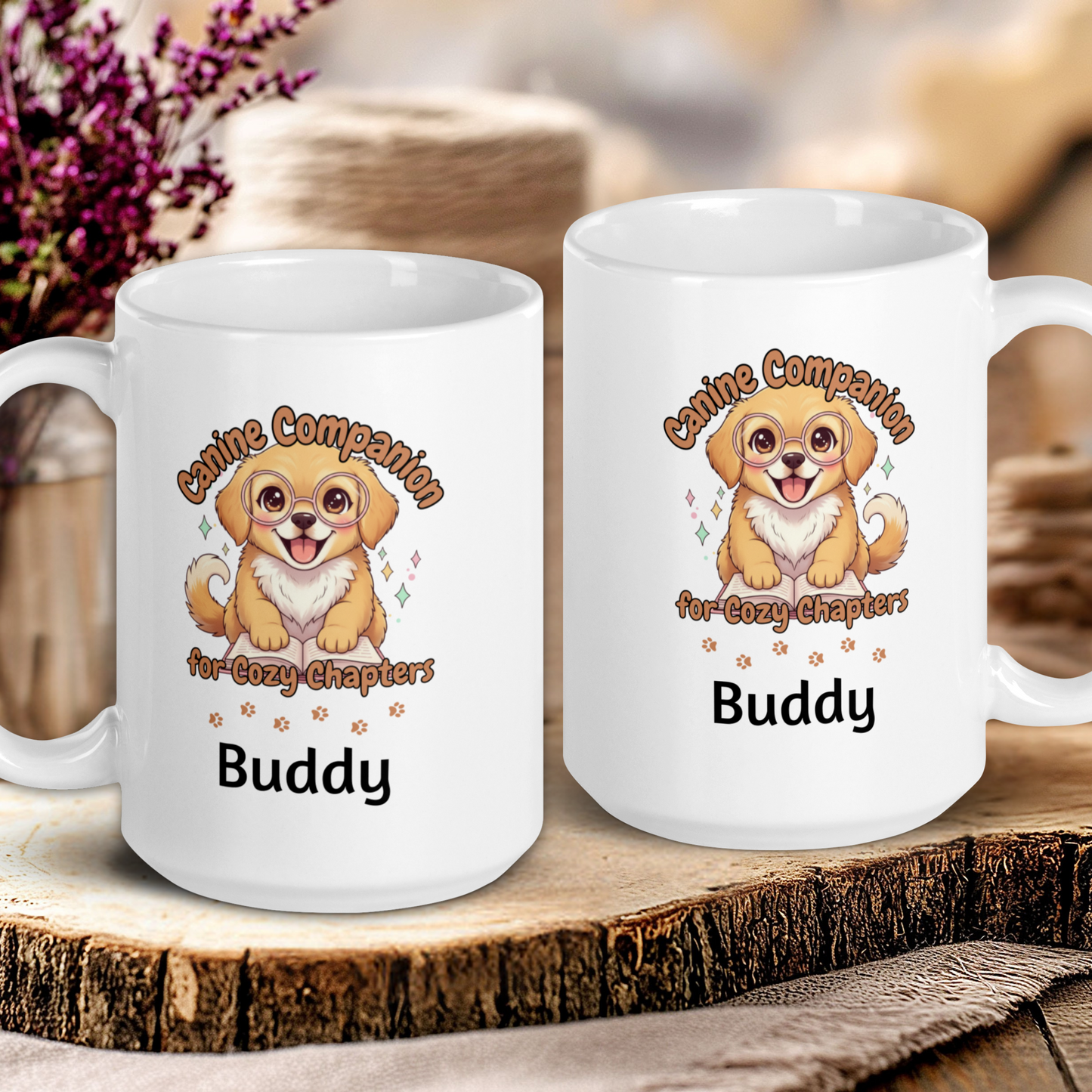 Two white mugs with a cartoon dog and text on a wooden surface.