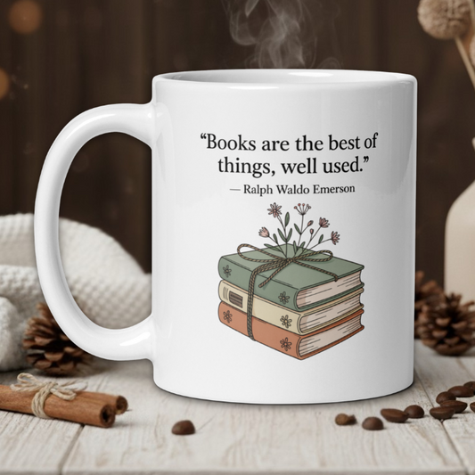 White mug with book illustration and quote on a wooden table with coffee beans and cinnamon sticks.