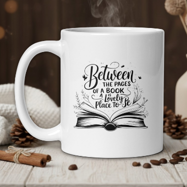 White mug with book-themed design and text on a wooden table with coffee beans and a vase in the background.