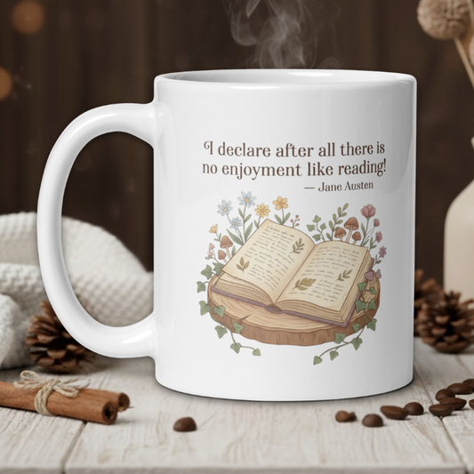 White mug with literary quote and book design, steaming on a wooden table with cozy background.