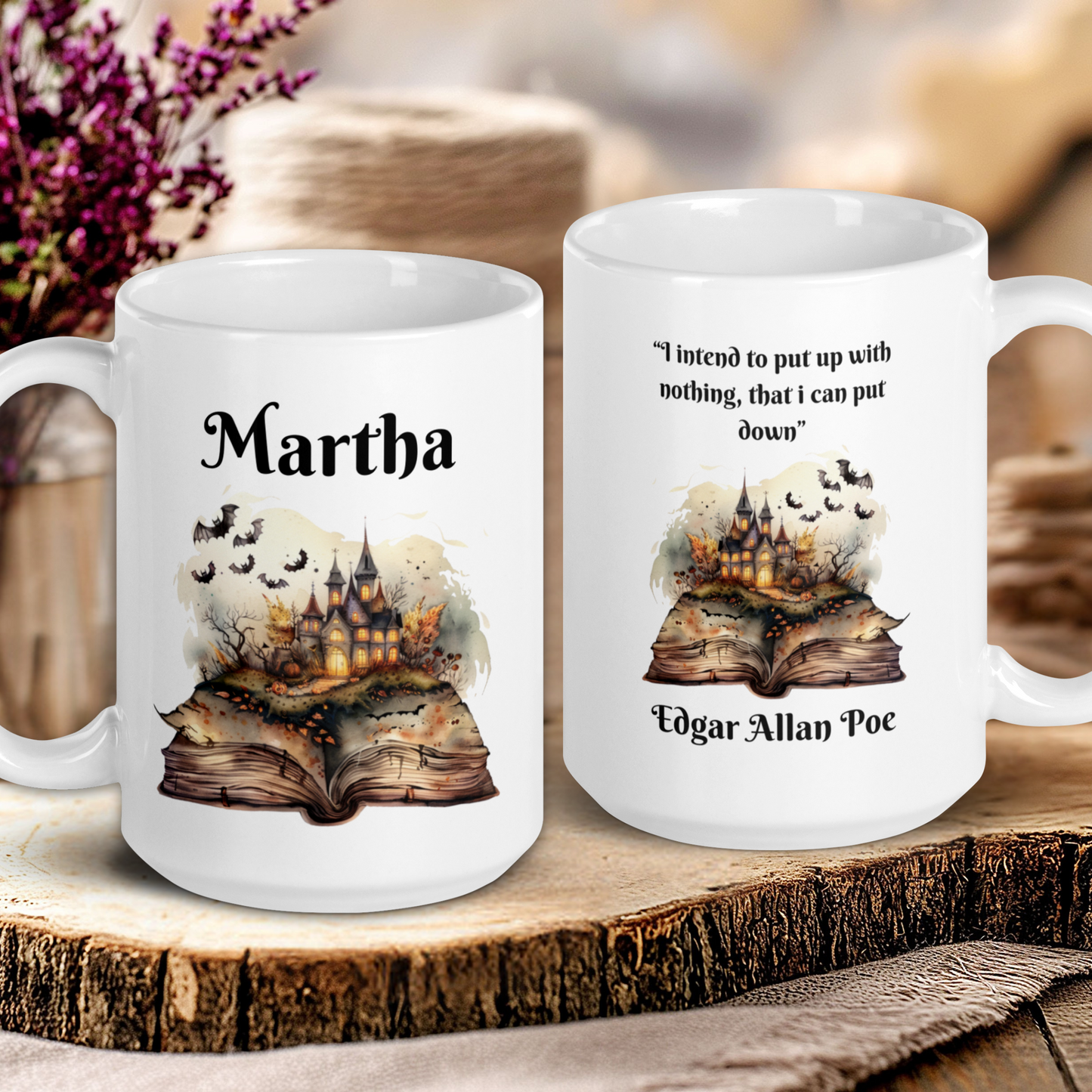 Two mugs with book-themed designs and text on a wooden surface.