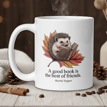 White mug with hedgehog design and book quote on a wooden table with decorative items.