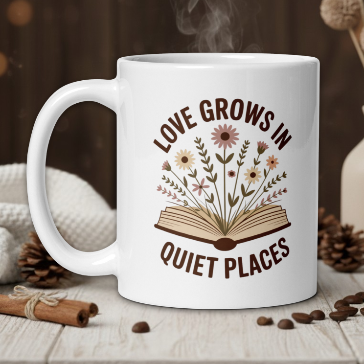 White mug with 'Love grows in quiet places' design on a wooden table with coffee beans and a vase in the background.