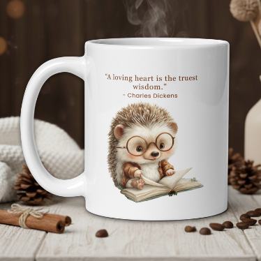 White mug with hedgehog design and quote, placed on a wooden surface with coffee beans and a vase in the background.