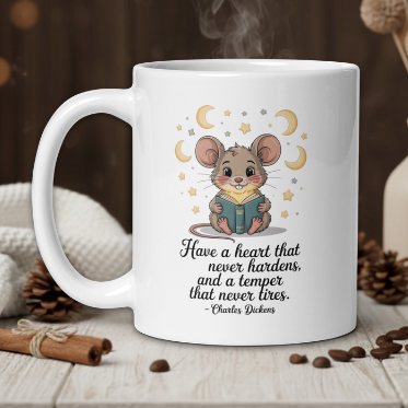 White mug with a mouse illustration and quote on a wooden table with decorative items.